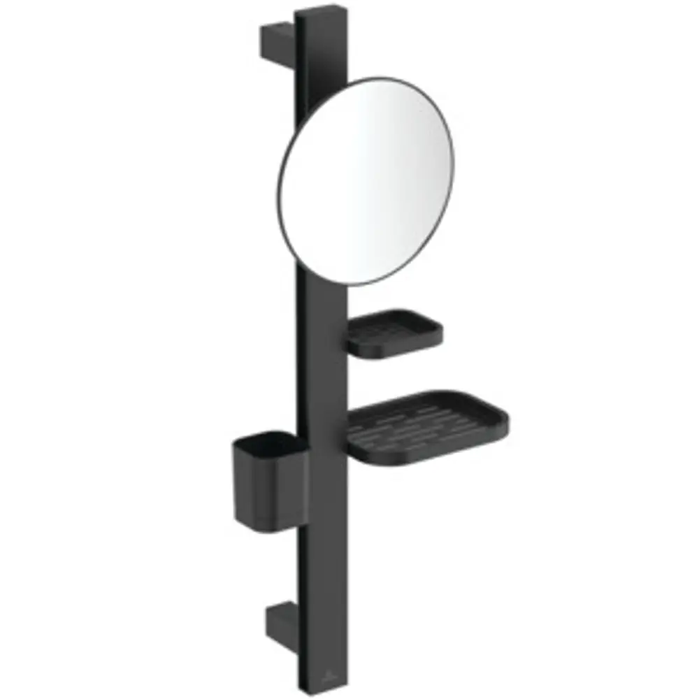 Schwarze Wandkombination von Ideal Standard mit Spiegel und Ablageflächen für Kosmetik- und Pflegeprodukte. Eingerichtet zur Nutzung im Badezimmer.